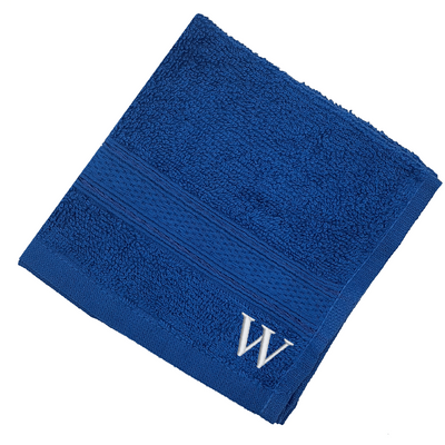 Daffodil (Royal Blue) Monogrammed Face Towel (30 x 30 Cm - Set of 6) 100% Cotton, Absorbent and Quick dry, High Quality Bath Linen- 500 Gsm White Thread Letter "W"