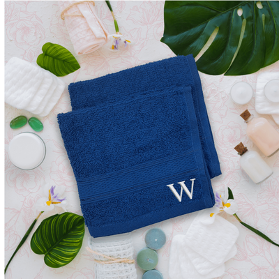 Daffodil (Royal Blue) Monogrammed Face Towel (30 x 30 Cm - Set of 6) 100% Cotton, Absorbent and Quick dry, High Quality Bath Linen- 500 Gsm White Thread Letter "W"