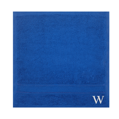 Daffodil (Royal Blue) Monogrammed Face Towel (30 x 30 Cm - Set of 6) 100% Cotton, Absorbent and Quick dry, High Quality Bath Linen- 500 Gsm White Thread Letter "W"