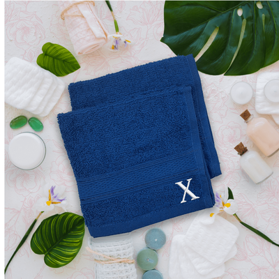 Daffodil (Royal Blue) Monogrammed Face Towel (30 x 30 Cm - Set of 6) 100% Cotton, Absorbent and Quick dry, High Quality Bath Linen- 500 Gsm White Thread Letter "X"