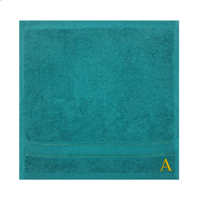 Daffodil (Turquoise Blue) Monogrammed Face Towel (30 x 30 Cm - Set of 6) 100% Cotton, Absorbent and Quick dry, High Quality Bath Linen- 500 Gsm Golden Thread Letter "A"