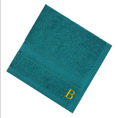 Daffodil (Turquoise Blue) Monogrammed Face Towel (30 x 30 Cm - Set of 6) 100% Cotton, Absorbent and Quick dry, High Quality Bath Linen- 500 Gsm Golden Thread Letter "B"