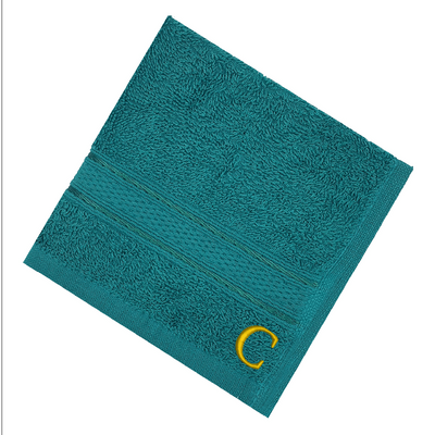 Daffodil (Turquoise Blue) Monogrammed Face Towel (30 x 30 Cm - Set of 6) 100% Cotton, Absorbent and Quick dry, High Quality Bath Linen- 500 Gsm Golden Thread Letter "C"