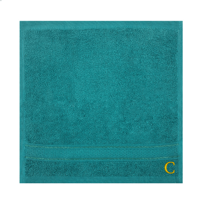 Daffodil (Turquoise Blue) Monogrammed Face Towel (30 x 30 Cm - Set of 6) 100% Cotton, Absorbent and Quick dry, High Quality Bath Linen- 500 Gsm Golden Thread Letter "C"