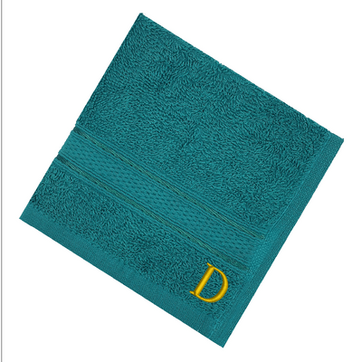 Daffodil (Turquoise Blue) Monogrammed Face Towel (30 x 30 Cm - Set of 6) 100% Cotton, Absorbent and Quick dry, High Quality Bath Linen- 500 Gsm Golden Thread Letter "D"