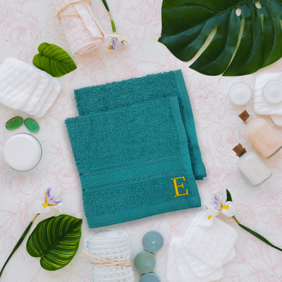 Daffodil (Turquoise Blue) Monogrammed Face Towel (30 x 30 Cm - Set of 6) 100% Cotton, Absorbent and Quick dry, High Quality Bath Linen- 500 Gsm Golden Thread Letter "E"