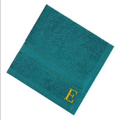 Daffodil (Turquoise Blue) Monogrammed Face Towel (30 x 30 Cm - Set of 6) 100% Cotton, Absorbent and Quick dry, High Quality Bath Linen- 500 Gsm Golden Thread Letter "E"