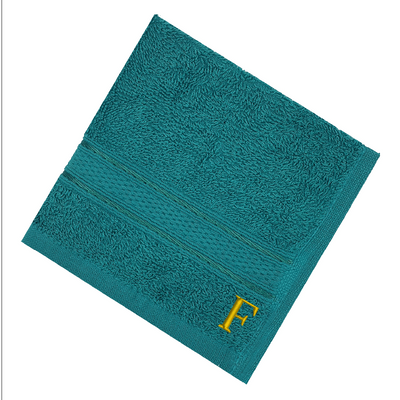 Daffodil (Turquoise Blue) Monogrammed Face Towel (30 x 30 Cm - Set of 6) 100% Cotton, Absorbent and Quick dry, High Quality Bath Linen- 500 Gsm Golden Thread Letter "F"