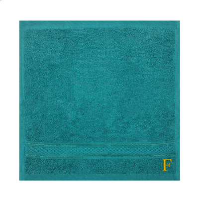 Daffodil (Turquoise Blue) Monogrammed Face Towel (30 x 30 Cm - Set of 6) 100% Cotton, Absorbent and Quick dry, High Quality Bath Linen- 500 Gsm Golden Thread Letter "F"