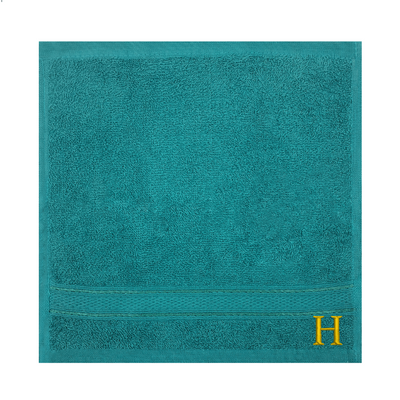 Daffodil (Turquoise Blue) Monogrammed Face Towel (30 x 30 Cm - Set of 6) 100% Cotton, Absorbent and Quick dry, High Quality Bath Linen- 500 Gsm Golden Thread Letter "H"