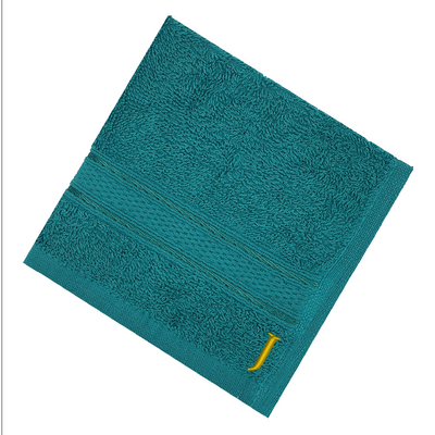 Daffodil (Turquoise Blue) Monogrammed Face Towel (30 x 30 Cm - Set of 6) 100% Cotton, Absorbent and Quick dry, High Quality Bath Linen- 500 Gsm Golden Thread Letter "J"