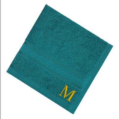 Daffodil (Turquoise Blue) Monogrammed Face Towel (30 x 30 Cm - Set of 6) 100% Cotton, Absorbent and Quick dry, High Quality Bath Linen- 500 Gsm Golden Thread Letter "M"