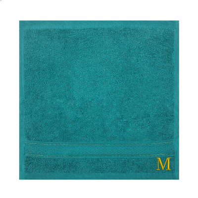 منشفة الوجه المليئة بالألواح (الأزرق الأزرق الفيروزي) (30 × 30 سم - مجموعة من 6) من القطن بنسبة 100 ٪ ، أو الماصة والسريعة الجافة ، وعالية الجودة بياضات الحمام - 500 جي إس إم الخيط الذهبي "M"