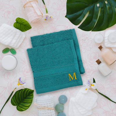 Daffodil (Turquoise Blue) Monogrammed Face Towel (30 x 30 Cm - Set of 6) 100% Cotton, Absorbent and Quick dry, High Quality Bath Linen- 500 Gsm Golden Thread Letter "M"