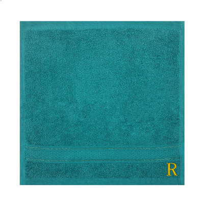 Daffodil (Turquoise Blue) Monogrammed Face Towel (30 x 30 Cm - Set of 6) 100% Cotton, Absorbent and Quick dry, High Quality Bath Linen- 500 Gsm Golden Thread Letter "R"