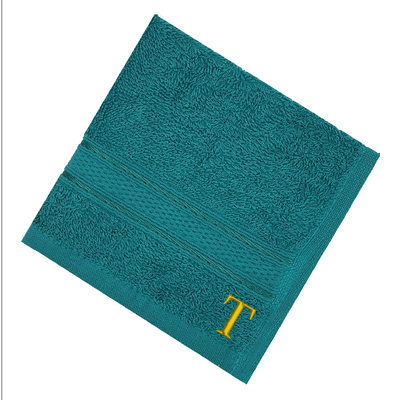 Daffodil (Turquoise Blue) Monogrammed Face Towel (30 x 30 Cm - Set of 6) 100% Cotton, Absorbent and Quick dry, High Quality Bath Linen- 500 Gsm Golden Thread Letter "T"