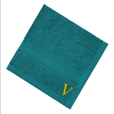 Daffodil (Turquoise Blue) Monogrammed Face Towel (30 x 30 Cm - Set of 6) 100% Cotton, Absorbent and Quick dry, High Quality Bath Linen- 500 Gsm Golden Thread Letter "V"