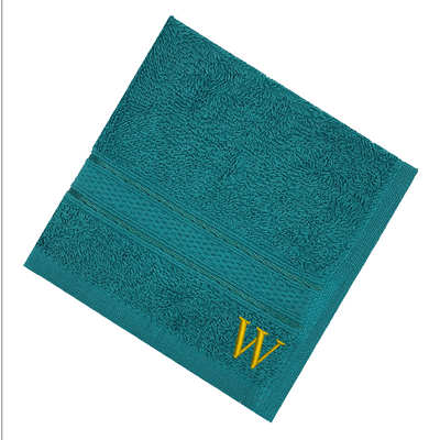 Daffodil (Turquoise Blue) Monogrammed Face Towel (30 x 30 Cm - Set of 6) 100% Cotton, Absorbent and Quick dry, High Quality Bath Linen- 500 Gsm Golden Thread Letter "W"