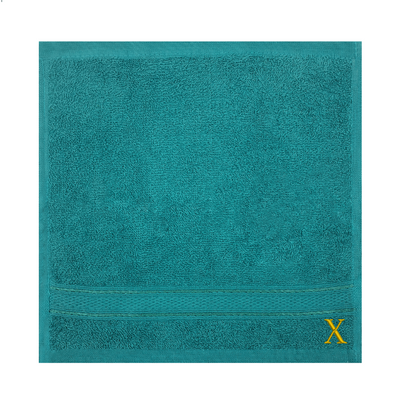 منشفة الوجه المليئة بالألواح (الأزرق الأزرق الفيروزي) (30 × 30 سم - مجموعة من 6) بنسبة 100 ٪ من القطن ، والسياطية الجافة والسريعة الجافة ، وعالية الجودة - 500 جي إس إم الخيط الذهبي Letter "X"