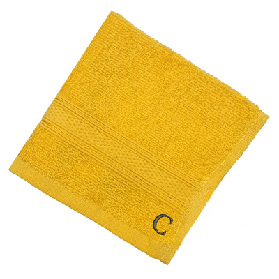 Daffodil (Yellow) Monogrammed Face Towel (30 x 30 Cm - Set of 6) 100% Cotton, Absorbent and Quick dry, High Quality Bath Linen- 500 Gsm Black Thread Letter "C"