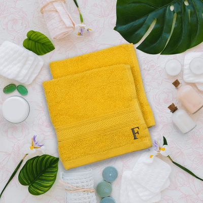 Daffodil (Yellow) Monogrammed Face Towel (30 x 30 Cm - Set of 6) 100% Cotton, Absorbent and Quick dry, High Quality Bath Linen- 500 Gsm Black Thread Letter "F"
