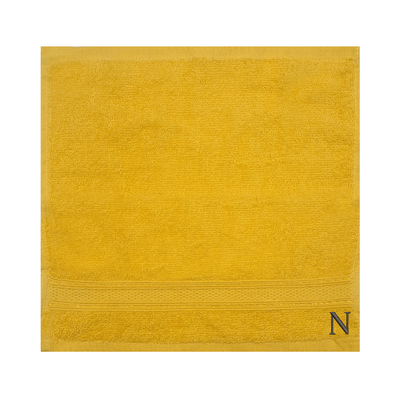 Daffodil (Yellow) Monogrammed Face Towel (30 x 30 Cm - Set of 6) 100% Cotton, Absorbent and Quick dry, High Quality Bath Linen- 500 Gsm Black Thread Letter "N"