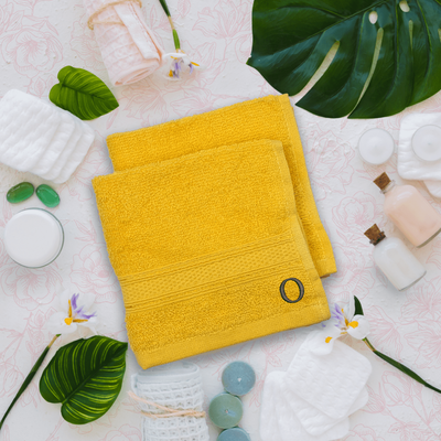 Daffodil (Yellow) Monogrammed Face Towel (30 x 30 Cm - Set of 6) 100% Cotton, Absorbent and Quick dry, High Quality Bath Linen- 500 Gsm Black Thread Letter "O"