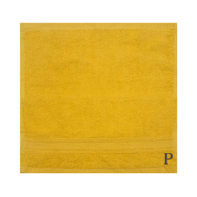 Daffodil (Yellow) Monogrammed Face Towel (30 x 30 Cm - Set of 6) 100% Cotton, Absorbent and Quick dry, High Quality Bath Linen- 500 Gsm Black Thread Letter "P"