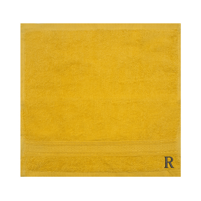 Daffodil (Yellow) Monogrammed Face Towel (30 x 30 Cm - Set of 6) 100% Cotton, Absorbent and Quick dry, High Quality Bath Linen- 500 Gsm Black Thread Letter "R"