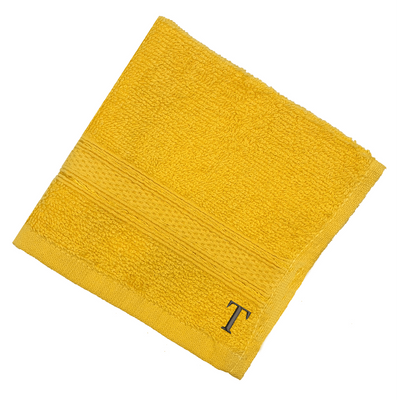 Daffodil (Yellow) Monogrammed Face Towel (30 x 30 Cm - Set of 6) 100% Cotton, Absorbent and Quick dry, High Quality Bath Linen- 500 Gsm Black Thread Letter "T"