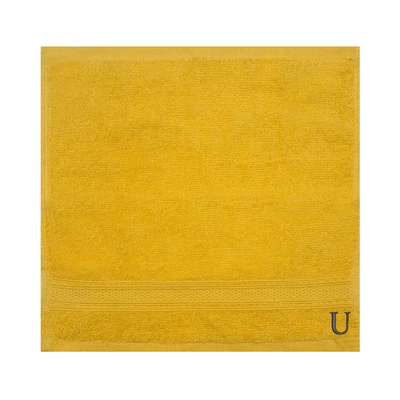 Daffodil (Yellow) Monogrammed Face Towel (30 x 30 Cm - Set of 6) 100% Cotton, Absorbent and Quick dry, High Quality Bath Linen- 500 Gsm Black Thread Letter "U"