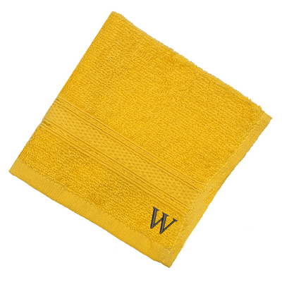 Daffodil (Yellow) Monogrammed Face Towel (30 x 30 Cm - Set of 6) 100% Cotton, Absorbent and Quick dry, High Quality Bath Linen- 500 Gsm Black Thread Letter "W"