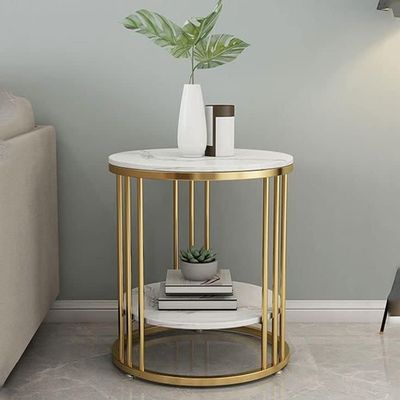 Wooden Twist Spiffy Wrought Iron 1-Tier Round End Table ( Golden )