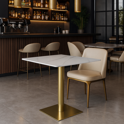 Bourgeois Square Shape Marble Top Metalic Base Cafe Restaurant Table Dining Table