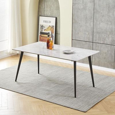 Modern Rectangular Kitchen Dining Table: Sintered Stone Marble Effect Top with Sleek Tapered Metal Legs - Ideal Breakfast Table for Dining