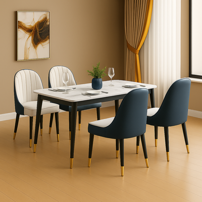 Villoso Modern Rectangular Marble Top 4 Seater Dining Table Set with Black Iron Legs and Gold Corner Accents