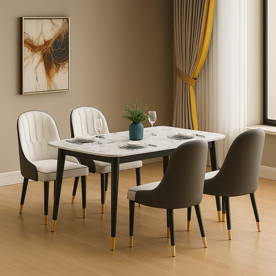 Villoso Modern Rectangular Marble Top 4 Seater Dining Table Set with Black Iron Legs and Gold Corner Accents