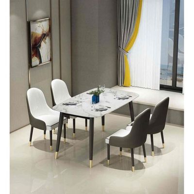 Wooden Twist Villoso Modern Rectangular Marble Top 4 Seater Dining Table Set with Black Iron Legs and Gold Corner Accents