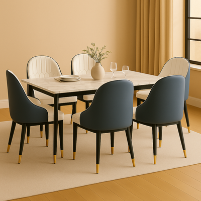 Villoso Modern Rectangular Marble Top 6 Seater Dining Table Set with Black Iron Legs and Gold Corner Accents