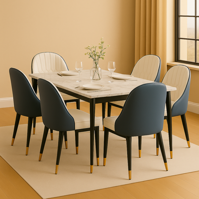 Villoso Modern Rectangular Marble Top 6 Seater Dining Table Set with Black Iron Legs and Gold Corner Accents