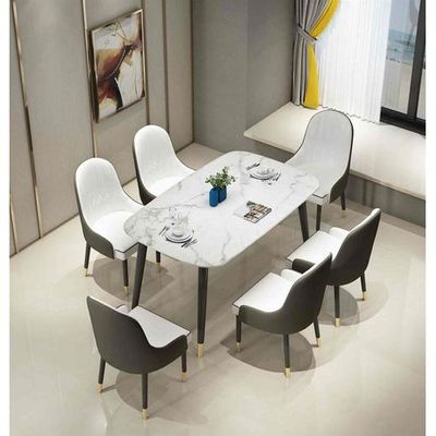 Wooden Twist Villoso Modern Rectangular Marble Top 6 Seater Dining Table Set with Black Iron Legs and Gold Corner Accents