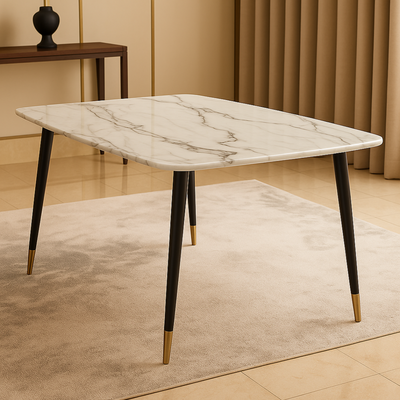 Villoso Modern Rectangular Marble Top Breakfast Dining Table with Black Iron Legs and Gold Corner Accents
