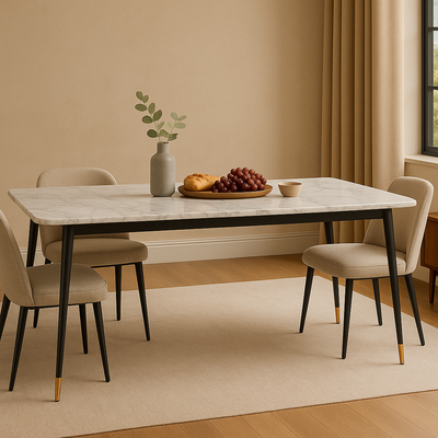 Villoso Modern Rectangular Marble Top Breakfast Dining Table with Black Iron Legs and Gold Corner Accents