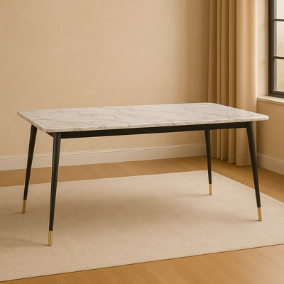 Villoso Modern Rectangular Marble Top Breakfast Dining Table with Black Iron Legs and Gold Corner Accents