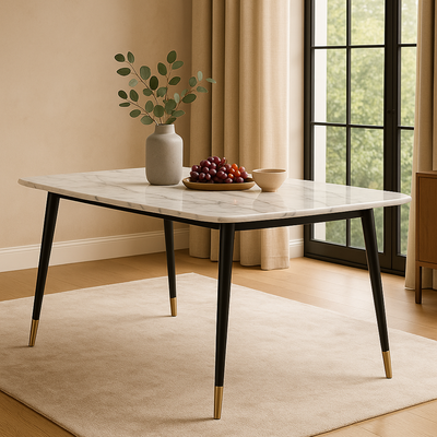 Villoso Modern Rectangular Marble Top Breakfast Dining Table with Black Iron Legs and Gold Corner Accents