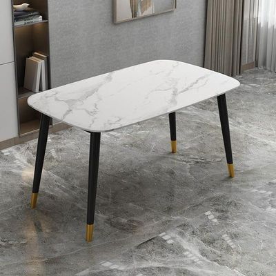Wooden Twist Villoso Modern Rectangular Marble Top Breakfast Dining Table with Black Iron Legs and Gold Corner Accents