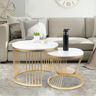 Wooden Twist Stylish Look Round Wrought Iron Coffee Table Set of 2 ( Golden )