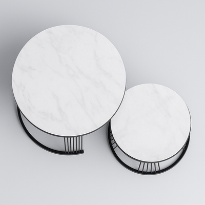 Marvello Duo Round Marble Top Coffee Table Set with Black Iron Frame – Modern Luxury Nesting Design for Living Room Décor