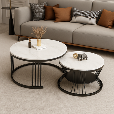 Marvello Duo Round Marble Top Coffee Table Set with Black Iron Frame – Modern Luxury Nesting Design for Living Room Décor