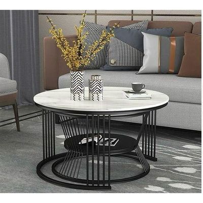 Wooden Twist Modern Contemporary Stainless Steel Base Marble Top Nesting Coffee Table ( Set of 2 )